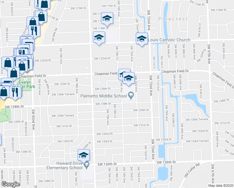 map of restaurants, bars, coffee shops, grocery stores, and more near 7425 Southwest 127th Street in Miami