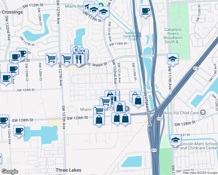 map of restaurants, bars, coffee shops, grocery stores, and more near 12415 Southwest 122nd Path in Miami