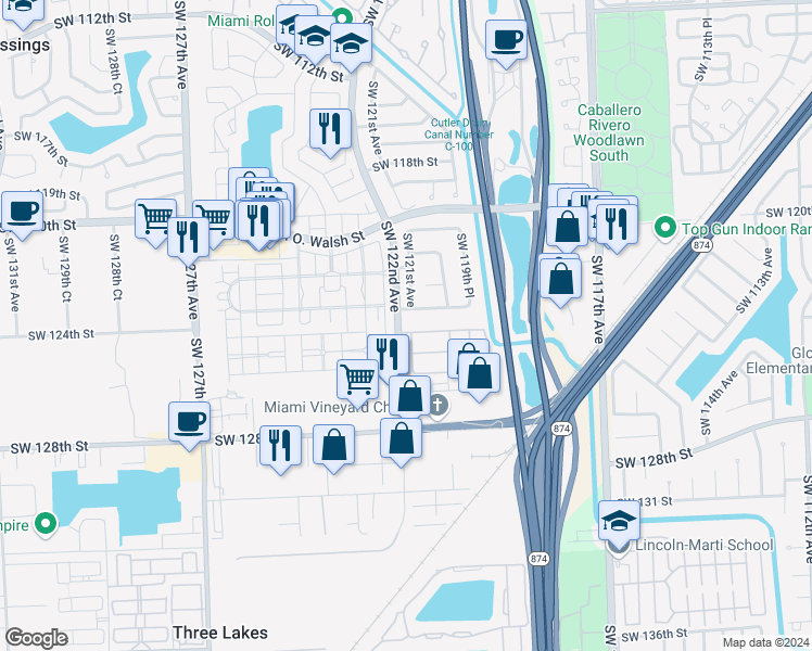 map of restaurants, bars, coffee shops, grocery stores, and more near 12111 Southwest 124th Terrace in Miami