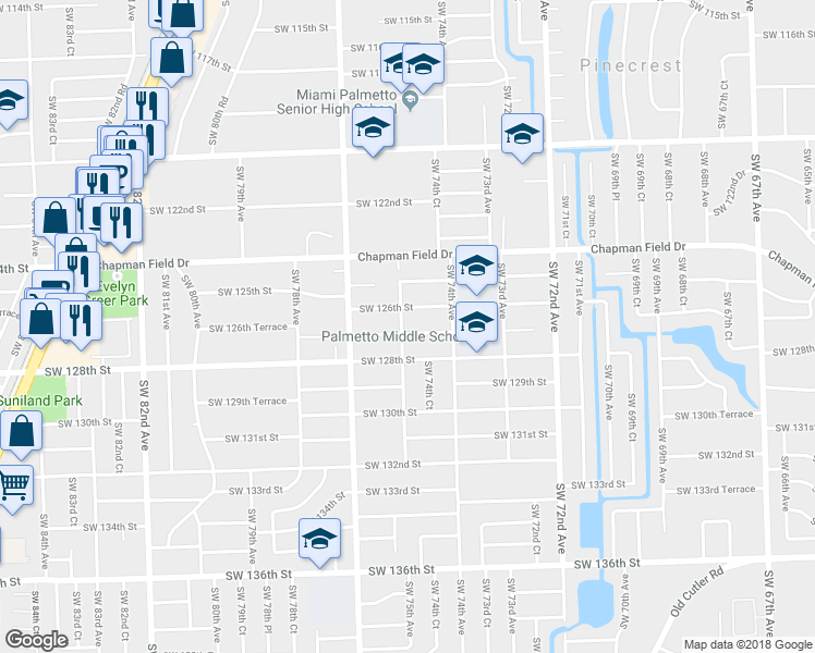 map of restaurants, bars, coffee shops, grocery stores, and more near 7485 Southwest 127th Street in Miami
