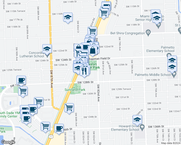 map of restaurants, bars, coffee shops, grocery stores, and more near 8287 Southwest 128th Street in Miami