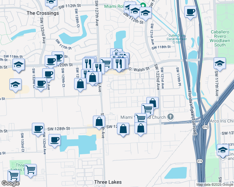 map of restaurants, bars, coffee shops, grocery stores, and more near 12384 Southwest 124th Path in Miami