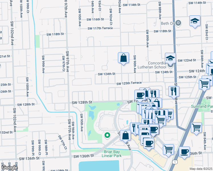 map of restaurants, bars, coffee shops, grocery stores, and more near 9300 Southwest 125th Terrace in Miami