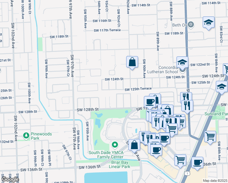 map of restaurants, bars, coffee shops, grocery stores, and more near 9300 Southwest 125th Terrace in Miami