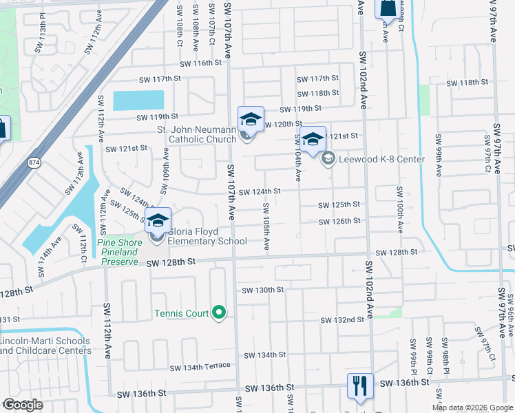 map of restaurants, bars, coffee shops, grocery stores, and more near 12420 Southwest 105th Avenue in Miami