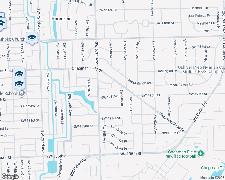 map of restaurants, bars, coffee shops, grocery stores, and more near 6500 Southwest 127th Street in Pinecrest