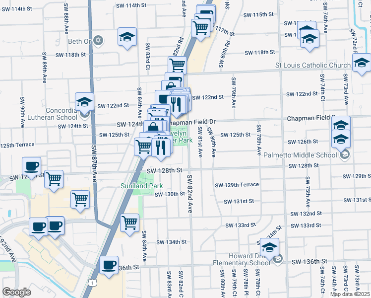 map of restaurants, bars, coffee shops, grocery stores, and more near 12630 Southwest 82nd Avenue in Miami