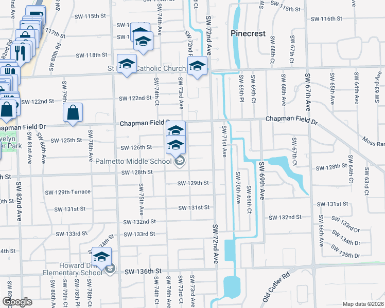 map of restaurants, bars, coffee shops, grocery stores, and more near 7241 Southwest 127th Street in Pinecrest