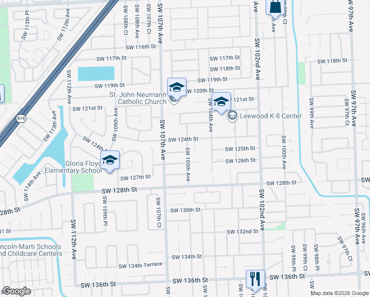 map of restaurants, bars, coffee shops, grocery stores, and more near 12420 Southwest 105th Avenue in Miami
