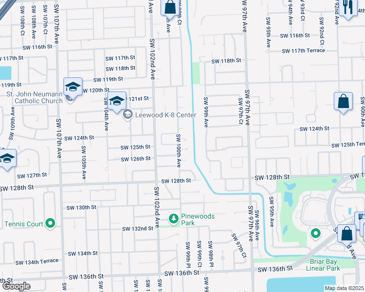 map of restaurants, bars, coffee shops, grocery stores, and more near 9989 Southwest 125th Terrace in Miami