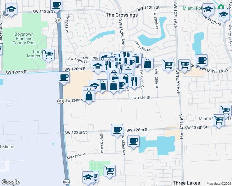 map of restaurants, bars, coffee shops, grocery stores, and more near 13297 Southwest 124th Street in Miami