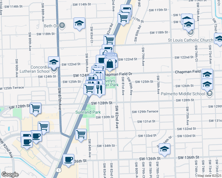 map of restaurants, bars, coffee shops, grocery stores, and more near 12630 Southwest 82nd Avenue in Miami