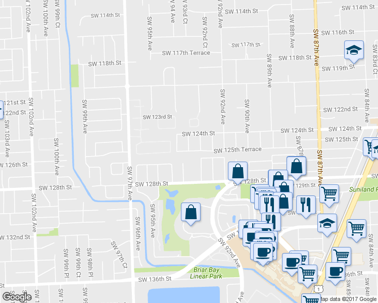 map of restaurants, bars, coffee shops, grocery stores, and more near 9370 Southwest 125th Terrace in Miami