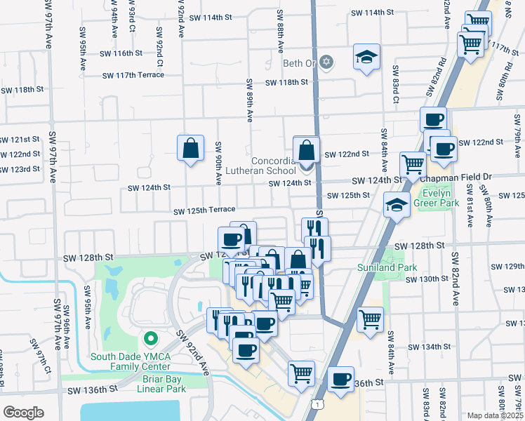 map of restaurants, bars, coffee shops, grocery stores, and more near 8880 Southwest 125th Terrace in Miami