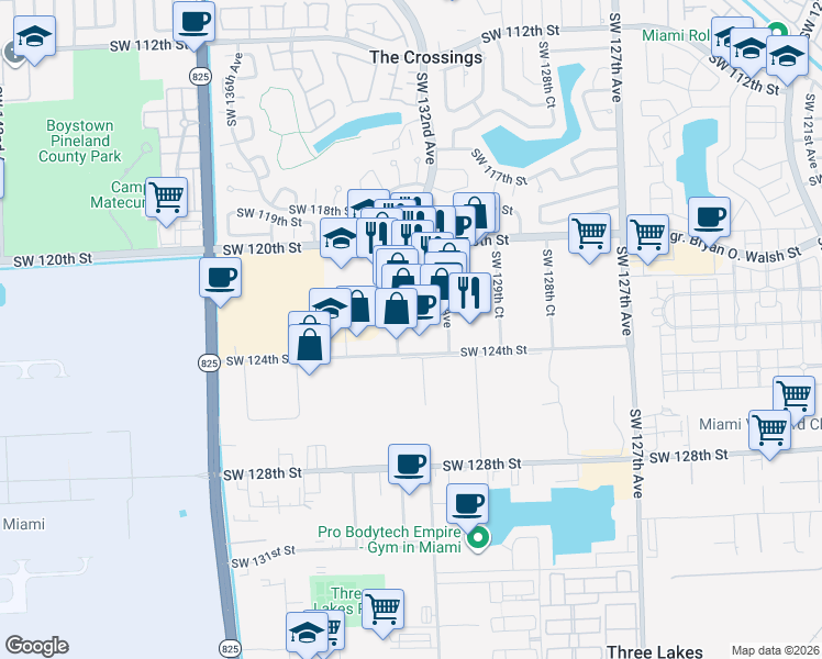 map of restaurants, bars, coffee shops, grocery stores, and more near 13297 Southwest 124th Street in Miami
