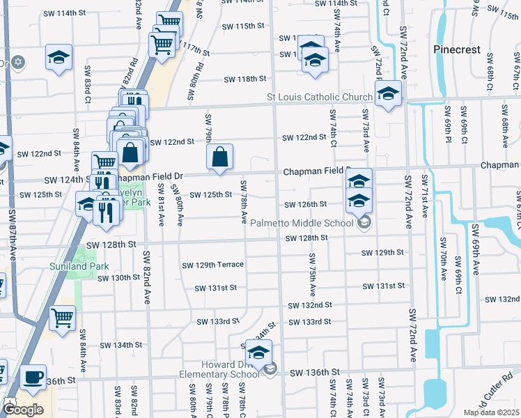 map of restaurants, bars, coffee shops, grocery stores, and more near 12619 Southwest 78th Avenue in Pinecrest Postal Store