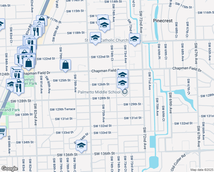 map of restaurants, bars, coffee shops, grocery stores, and more near 7485 Southwest 127th Street in Miami