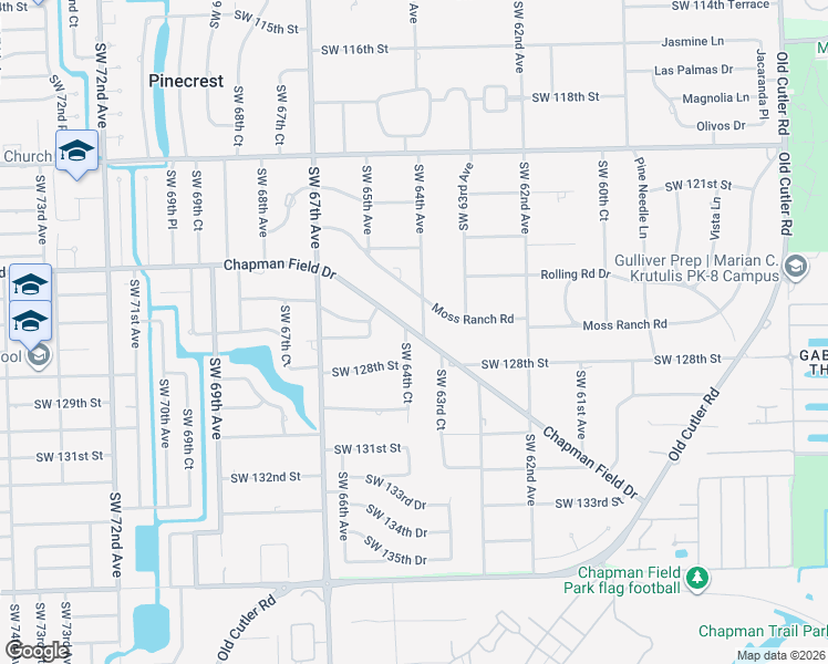 map of restaurants, bars, coffee shops, grocery stores, and more near 6455 Chapman Field Drive in Pinecrest