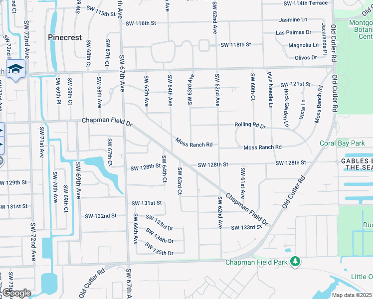 map of restaurants, bars, coffee shops, grocery stores, and more near 6355 Chapman Field Drive in Miami