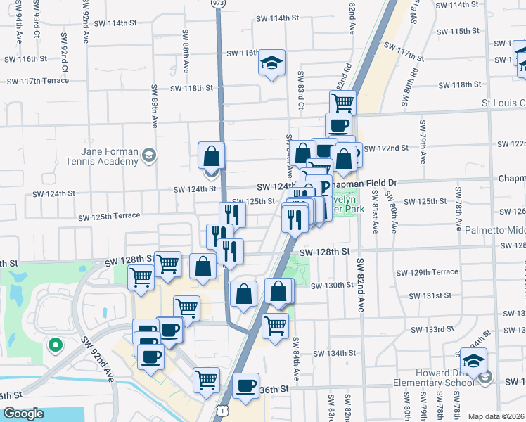 map of restaurants, bars, coffee shops, grocery stores, and more near 8535 Southwest 126th Terrace in Miami