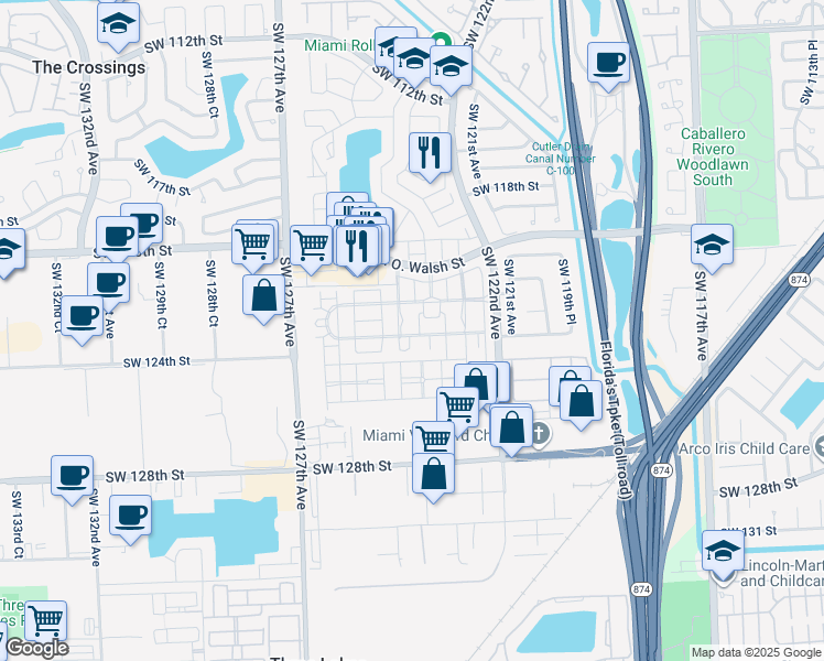 map of restaurants, bars, coffee shops, grocery stores, and more near 12361 Southwest 123rd Terrace in Miami