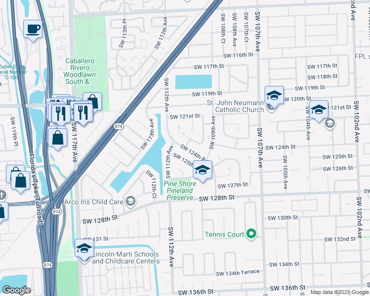 map of restaurants, bars, coffee shops, grocery stores, and more near 14313 Southwest 110th Avenue in Miami