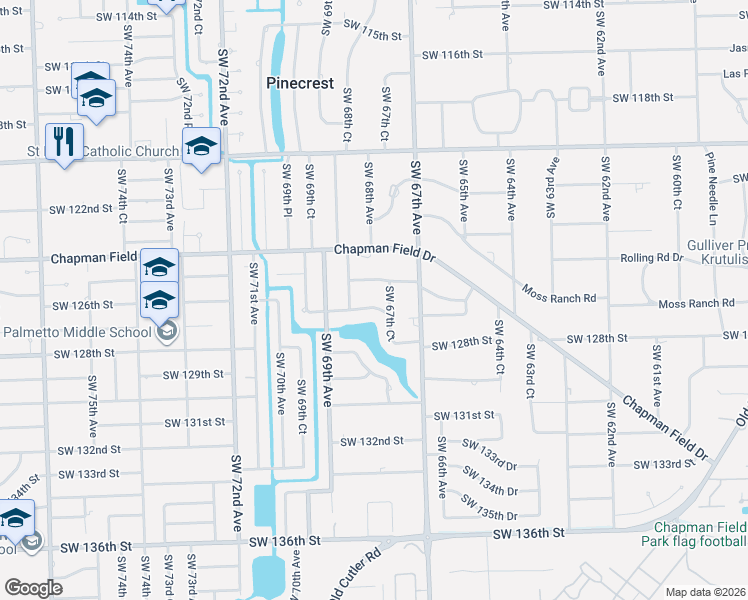map of restaurants, bars, coffee shops, grocery stores, and more near 6800 Southwest 125th Terrace in Miami