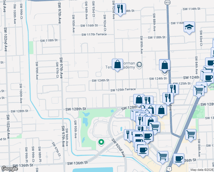 map of restaurants, bars, coffee shops, grocery stores, and more near 12405 Southwest 93rd Avenue in Miami