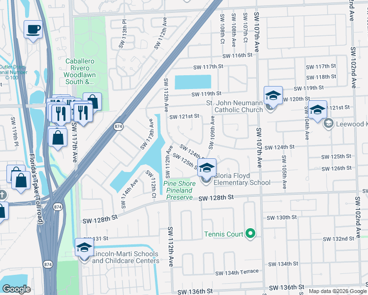 map of restaurants, bars, coffee shops, grocery stores, and more near 11103 Southwest 124th Road in Miami