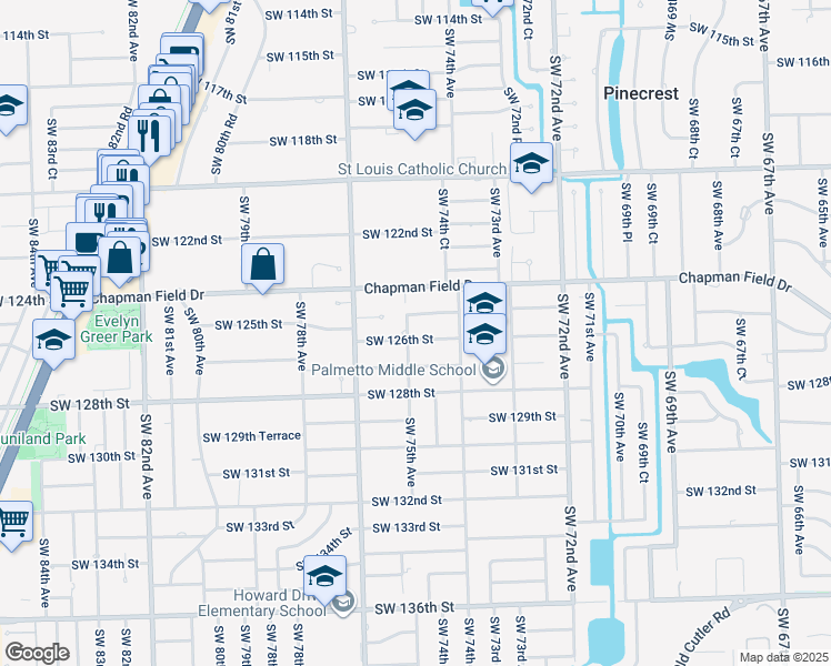 map of restaurants, bars, coffee shops, grocery stores, and more near 7480 Southwest 125th Street in Pinecrest