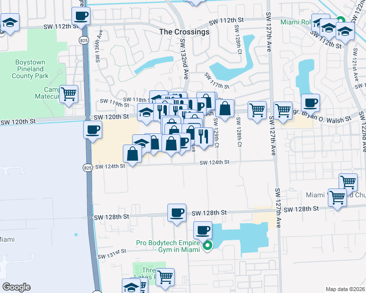 map of restaurants, bars, coffee shops, grocery stores, and more near 12225 Southwest 132nd Court in Miami