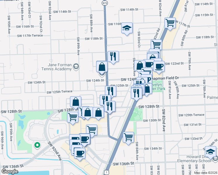map of restaurants, bars, coffee shops, grocery stores, and more near 8625 Southwest 125th Street in Miami