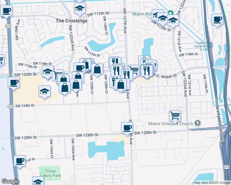map of restaurants, bars, coffee shops, grocery stores, and more near 12201 Southwest 128th Court in Miami