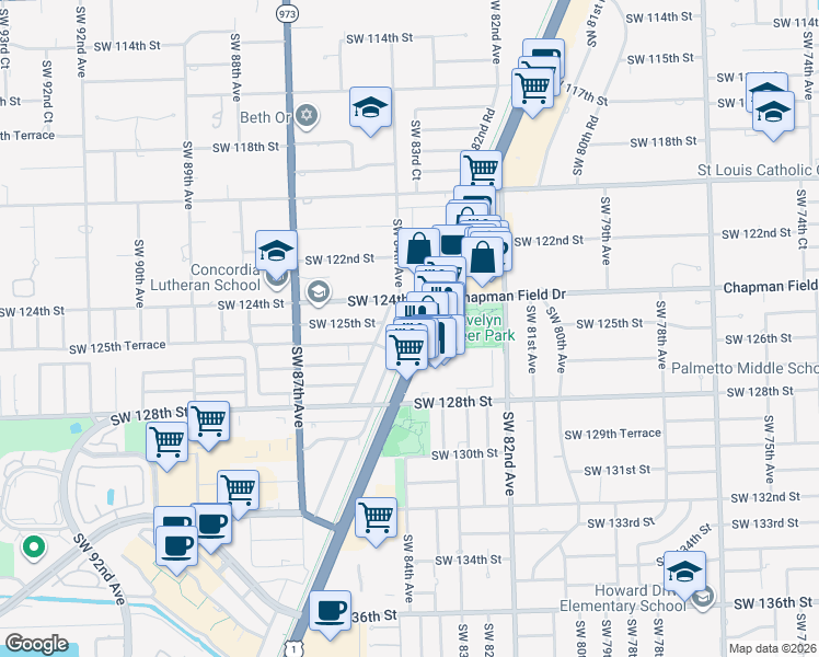 map of restaurants, bars, coffee shops, grocery stores, and more near 8382 Southwest 124th Street in Miami