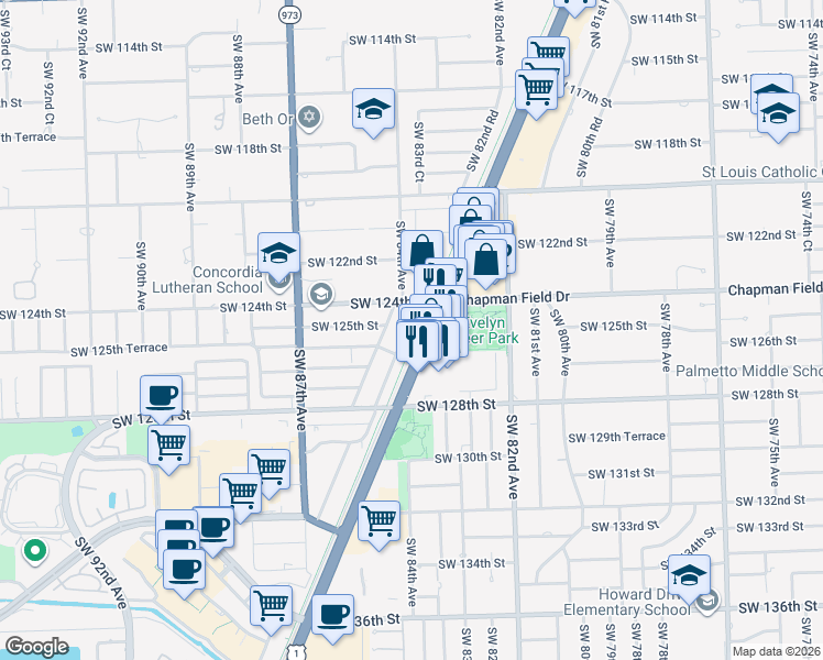 map of restaurants, bars, coffee shops, grocery stores, and more near 8382 Southwest 124th Street in Miami
