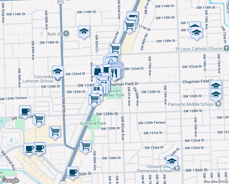 map of restaurants, bars, coffee shops, grocery stores, and more near 8200 Southwest 124th Street in Miami
