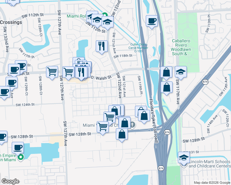 map of restaurants, bars, coffee shops, grocery stores, and more near 12231 Southwest 122nd Path in Miami