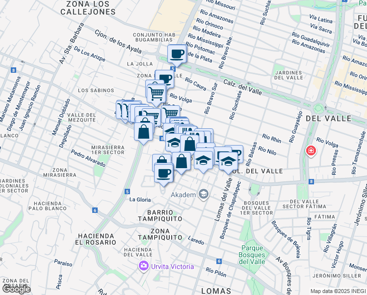 map of restaurants, bars, coffee shops, grocery stores, and more near 154 Avenida José Vasconcelos in San Pedro Garza García