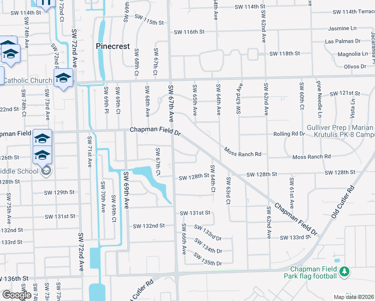 map of restaurants, bars, coffee shops, grocery stores, and more near 6601 Southwest 126th Street in Pinecrest