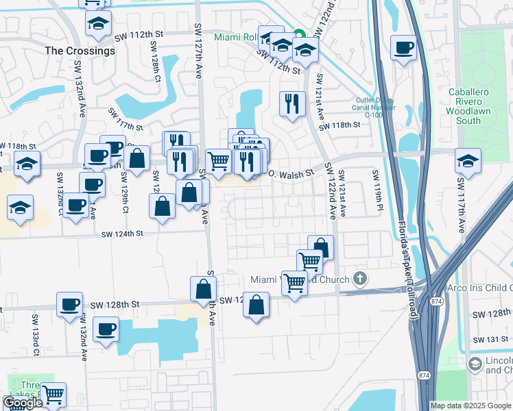 map of restaurants, bars, coffee shops, grocery stores, and more near 12447 Southwest 123rd Street in Miami