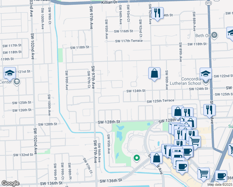 map of restaurants, bars, coffee shops, grocery stores, and more near 9451 Southwest 124th Terrace in Miami