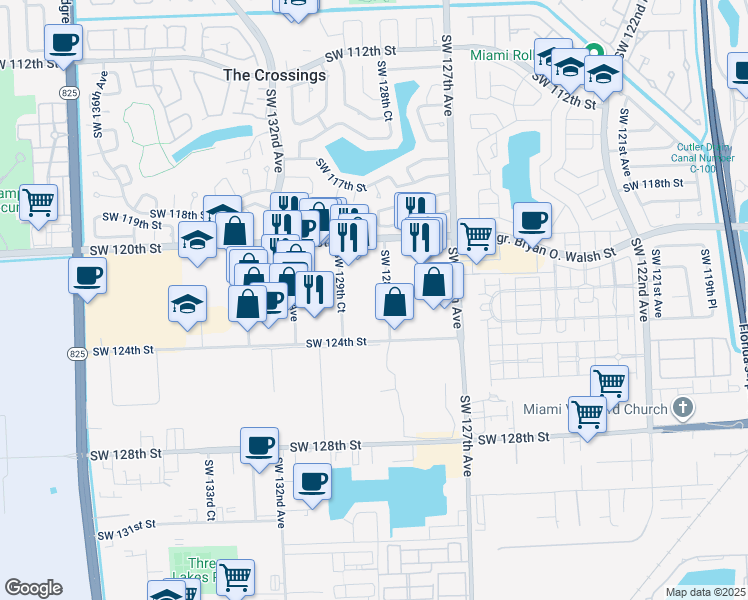 map of restaurants, bars, coffee shops, grocery stores, and more near 12240 Southwest 128th Court in Miami