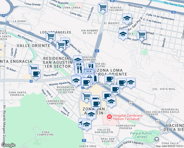 map of restaurants, bars, coffee shops, grocery stores, and more near 2224 Avenida Lázaro Cárdenas in Monterrey