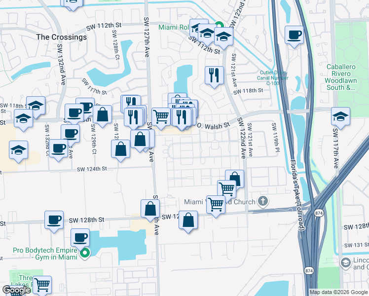map of restaurants, bars, coffee shops, grocery stores, and more near 12494 Southwest 122nd Street in Miami
