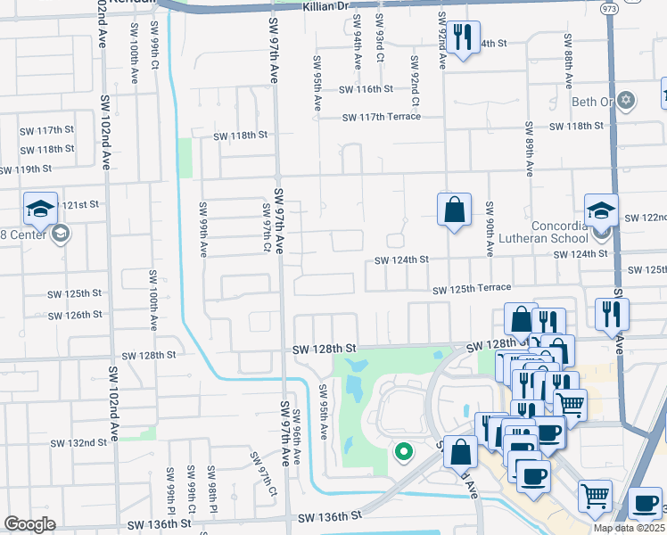 map of restaurants, bars, coffee shops, grocery stores, and more near 9451 Southwest 124th Terrace in Miami