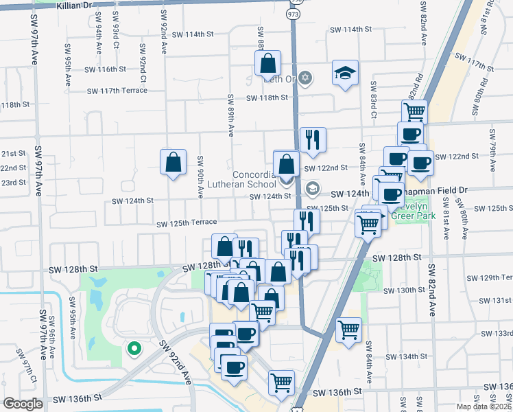 map of restaurants, bars, coffee shops, grocery stores, and more near 12425 Southwest 88th Court in Miami