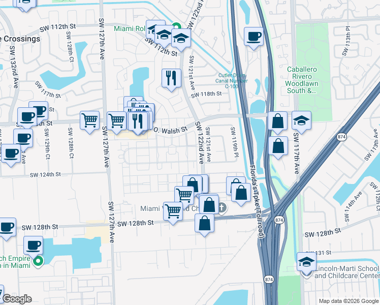 map of restaurants, bars, coffee shops, grocery stores, and more near 12231 Southwest 122nd Path in Miami
