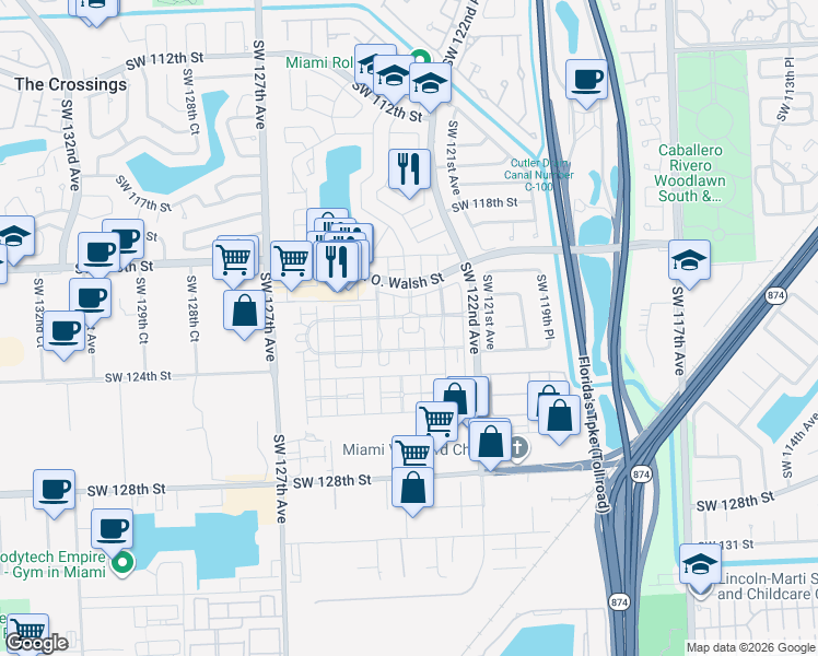 map of restaurants, bars, coffee shops, grocery stores, and more near 12327 Southwest 123rd Street in Miami