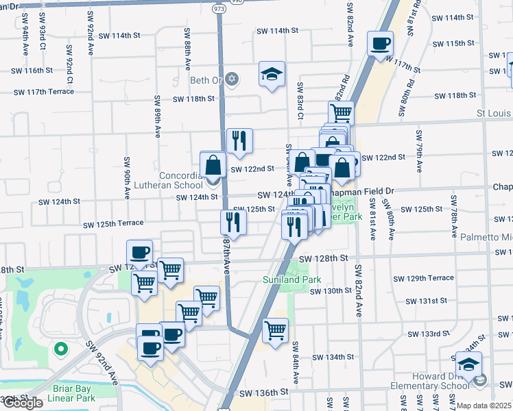 map of restaurants, bars, coffee shops, grocery stores, and more near 8565 Southwest 125th Street in Miami