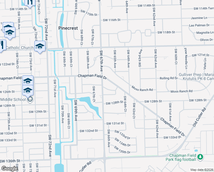 map of restaurants, bars, coffee shops, grocery stores, and more near 6601 Southwest 126th Street in Pinecrest